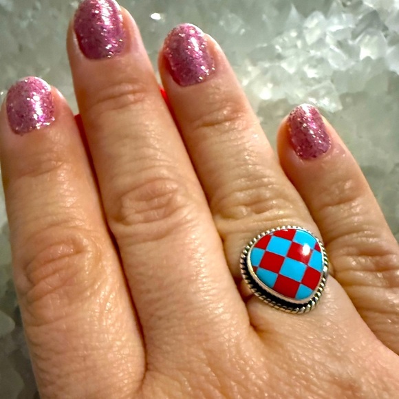 NWOT Handmade Sterling Silver Turquoise & Red Checkered Ring - Picture 3 of 4